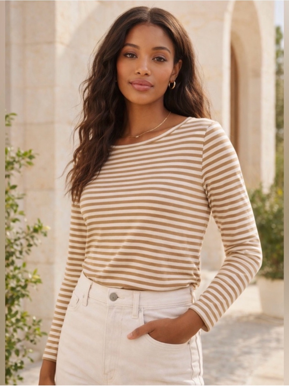 Mango Striped Long-Sleeve Tee in Tan and White